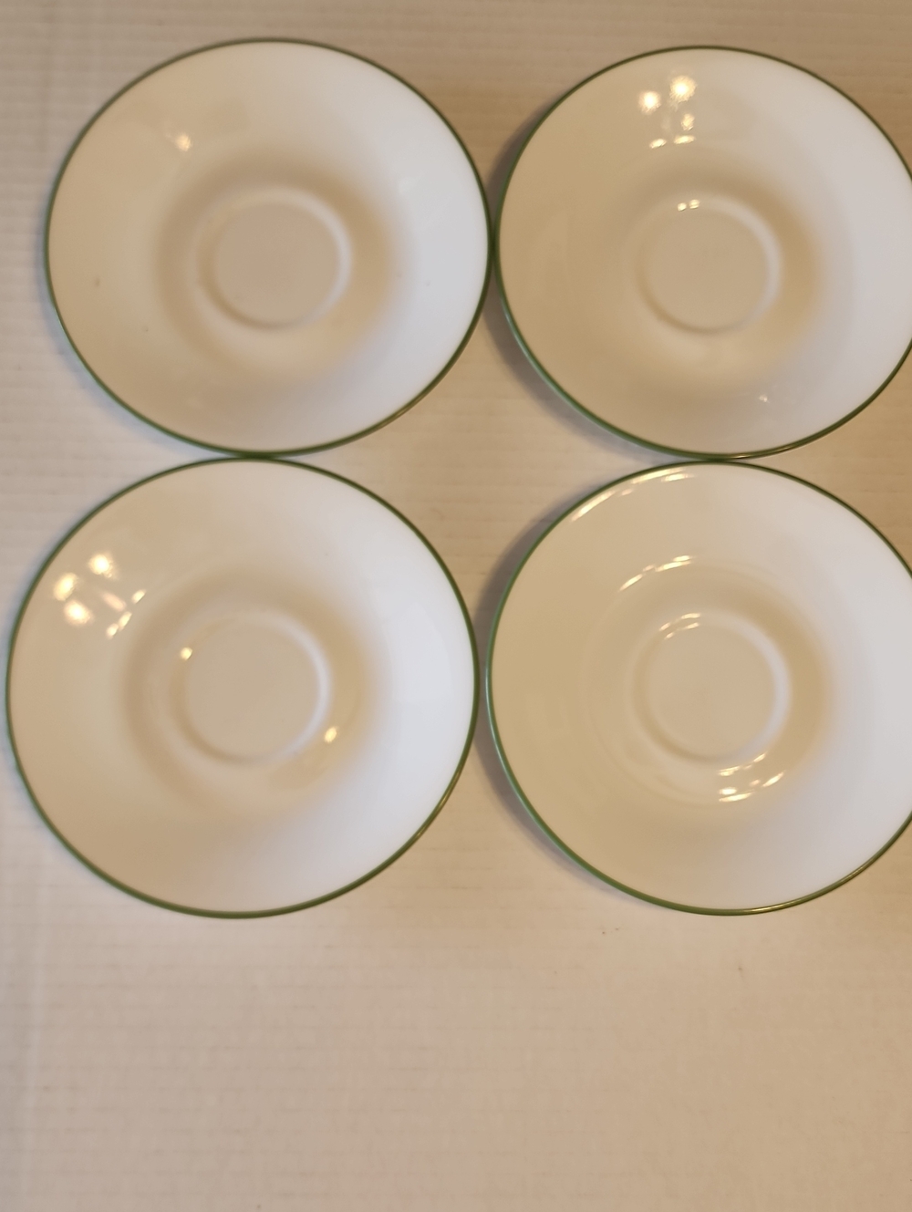 CORELLE White Porcelain Saucers with Green Rim - Set of 4, 6" Diameter